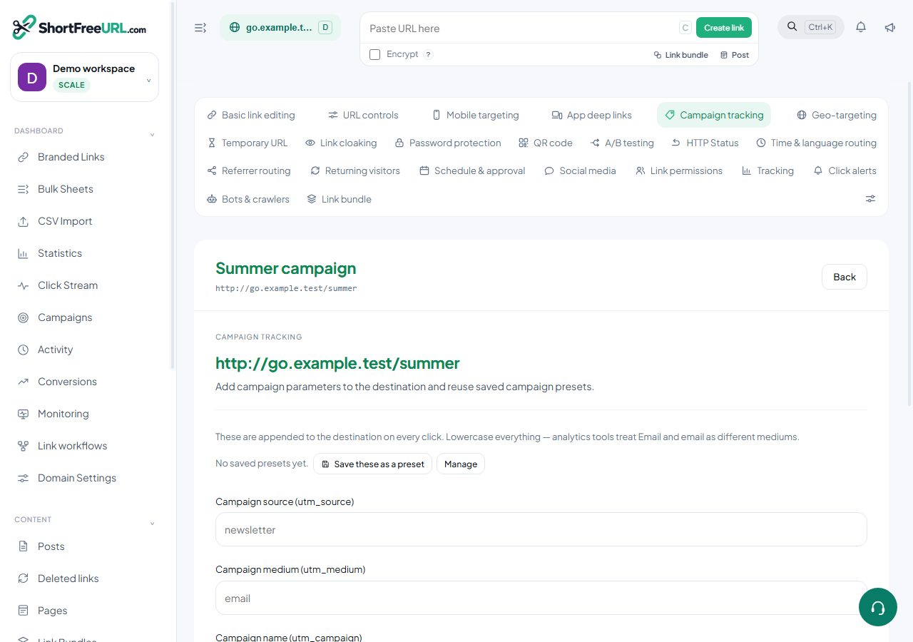 ShortFreeURL Campaign tracking in a demonstration workspace