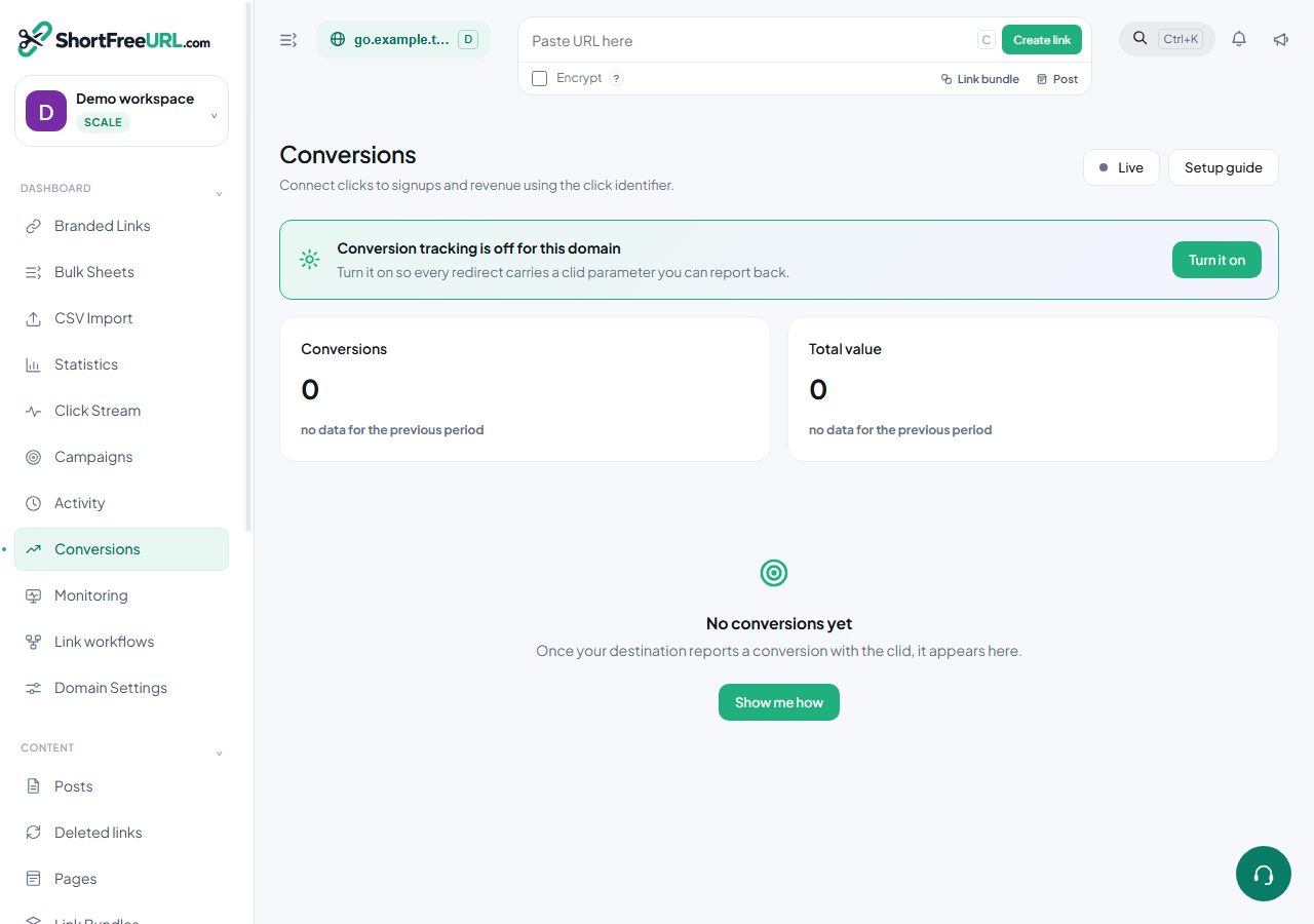 ShortFreeURL Conversions in a demonstration workspace