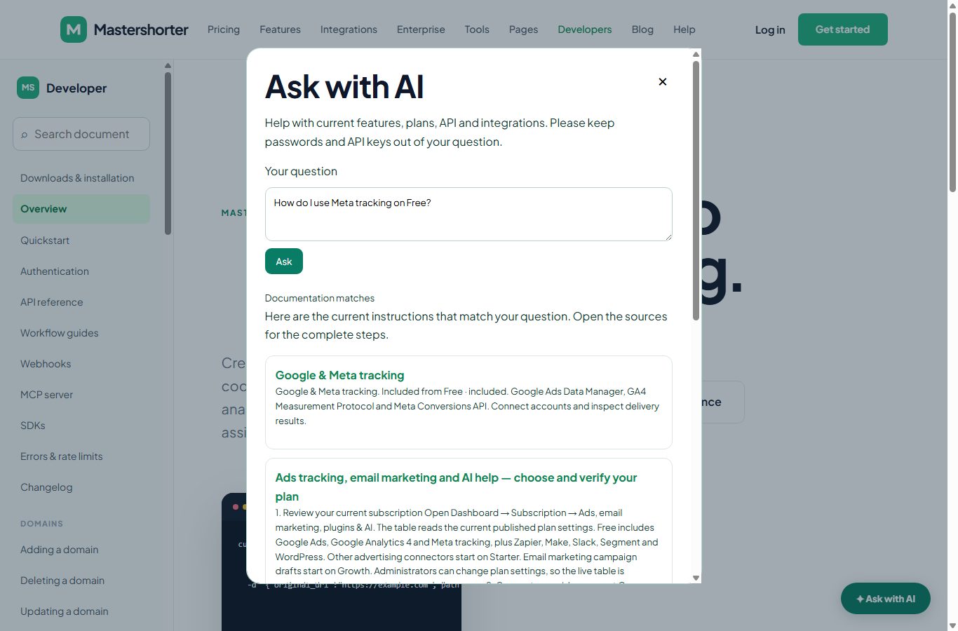 Ask with AI on the developer documentation