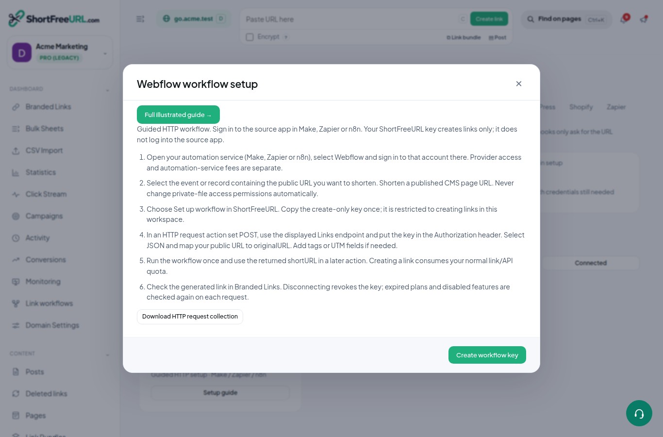 Workflow setup popup: full guide above the steps and Create workflow key at the bottom