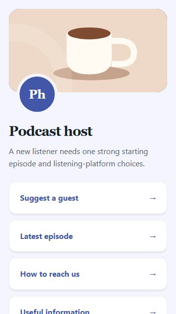 Podcast host — Contact and enquiries page design