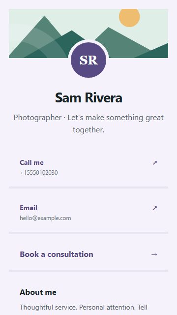 Photographer contact card page design
