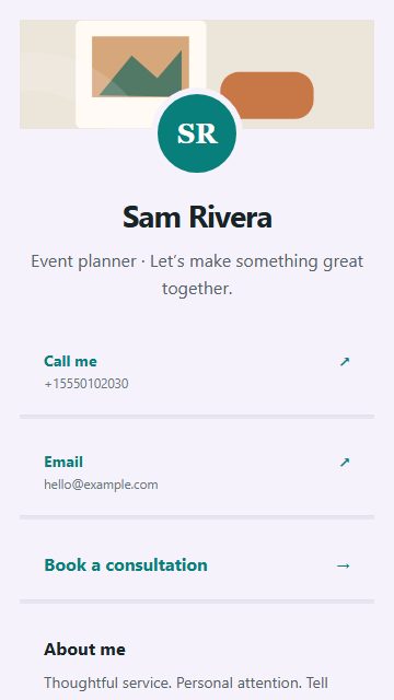 Event planner contact card page design