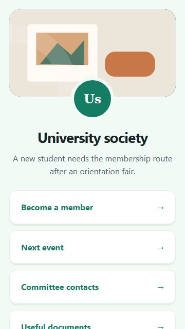 University society — Welcome hub page design